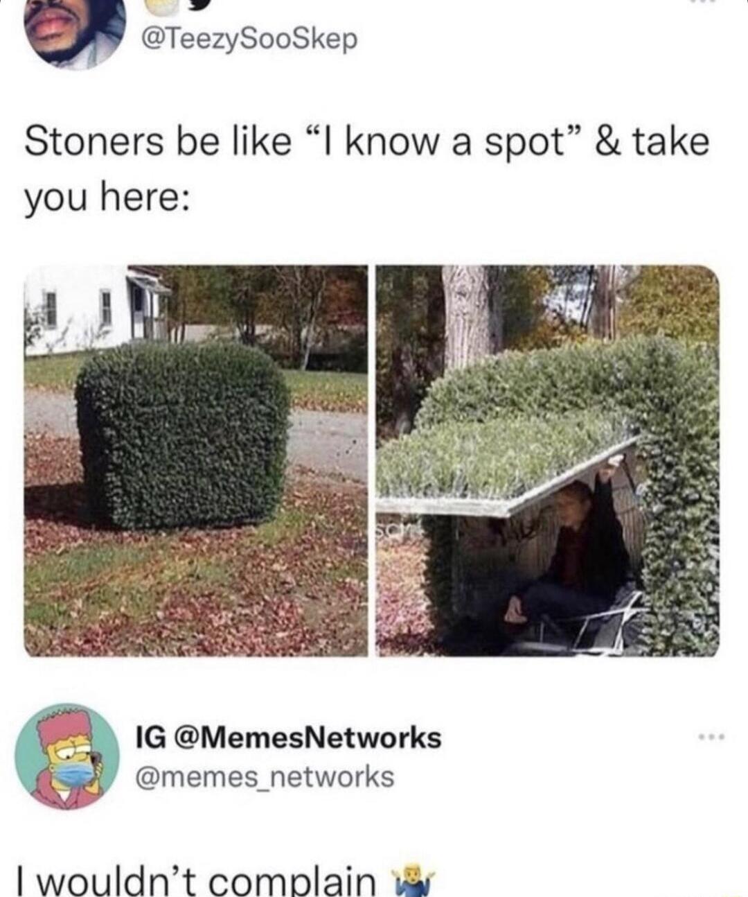 w TeezySooSkep Stoners be like I know a spot take you here IG MemesNetworks memes_networks wouldnt complain