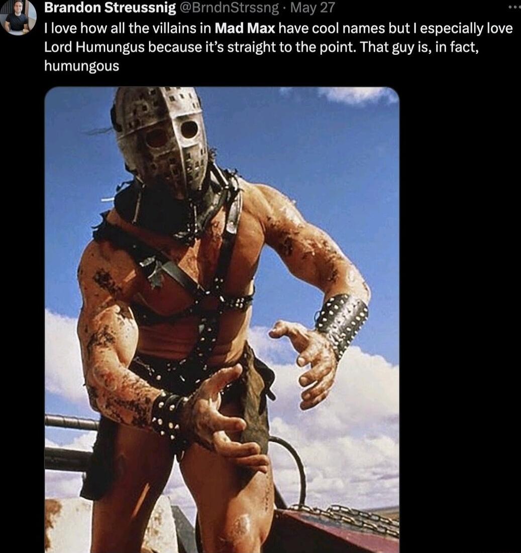 Brandon Streussnig EmdnStrssng Ma love how all the vilains in Mad Max have cool names but especially love Lord Humungus because its straight to the point That guy s in fact humungous