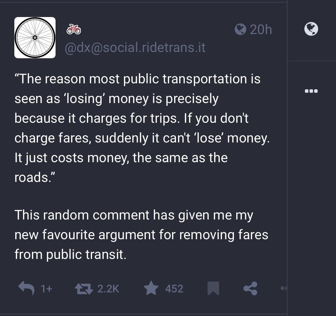 _J The reason most public transportation is seen as losing money is precisely because it charges for trips If you dont charge fares suddenly it cant lose money It just costs money the same as the CELE This random comment has given me my new favourite argument for removing fares from public transit