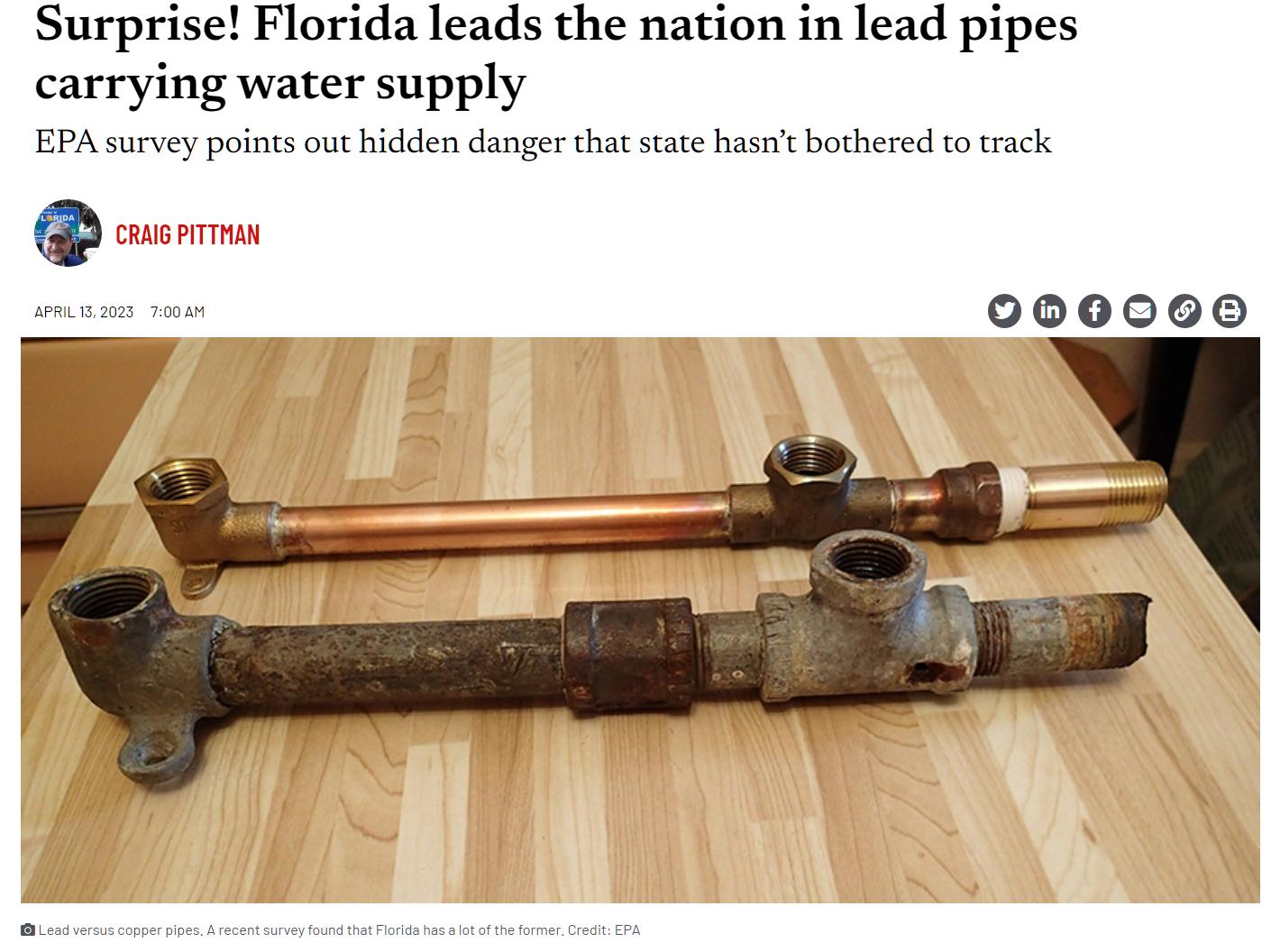 Surprise Florida leads the nation in lead pipes carrying water supply EPA survey points out hidden danger thatscate hasnt bothered to track 0000606