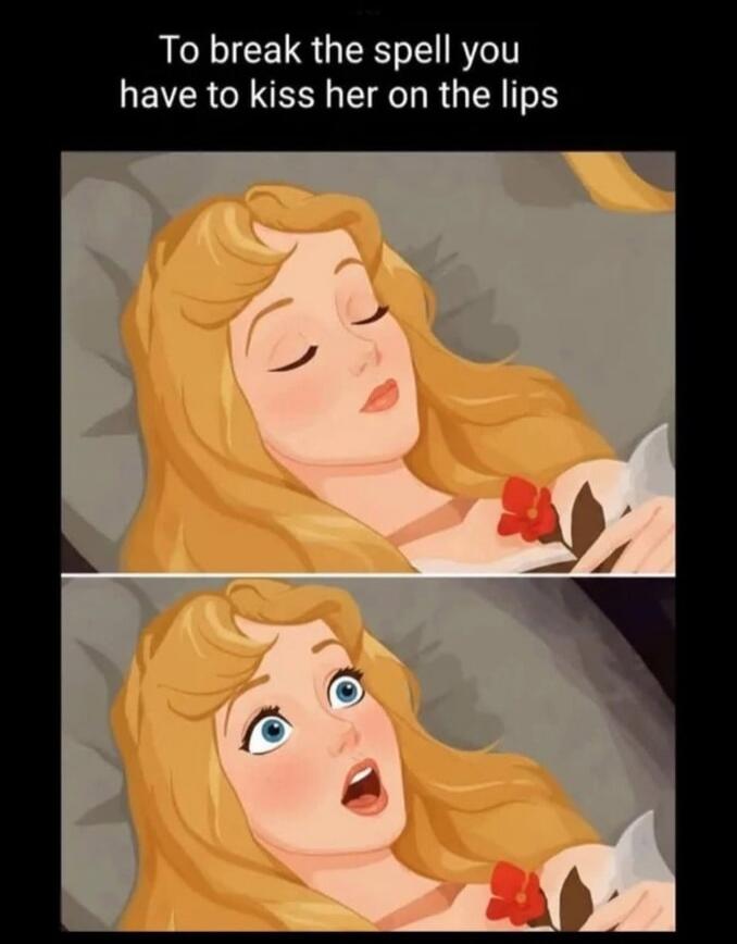 To break the spell you have to kiss her on the lips