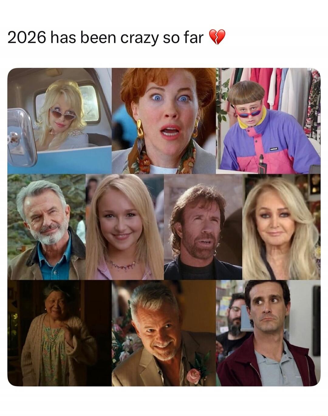 2026 has been crazy so far 💔 A collage of nine celebrity faces, implying that the year 2026 has been eventful or surprising due to their appearances or perceived changes.