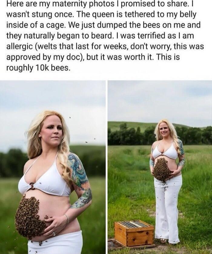 Here are my maternity photos promised to share wasnt stung once The queen is tethered to my belly inside of a cage We just dumped the bees on me and they naturally began to beard was terrified as am allergic welts that last for weeks dont worry this was approved by my doc but it was worth it This is roughly 10k bees