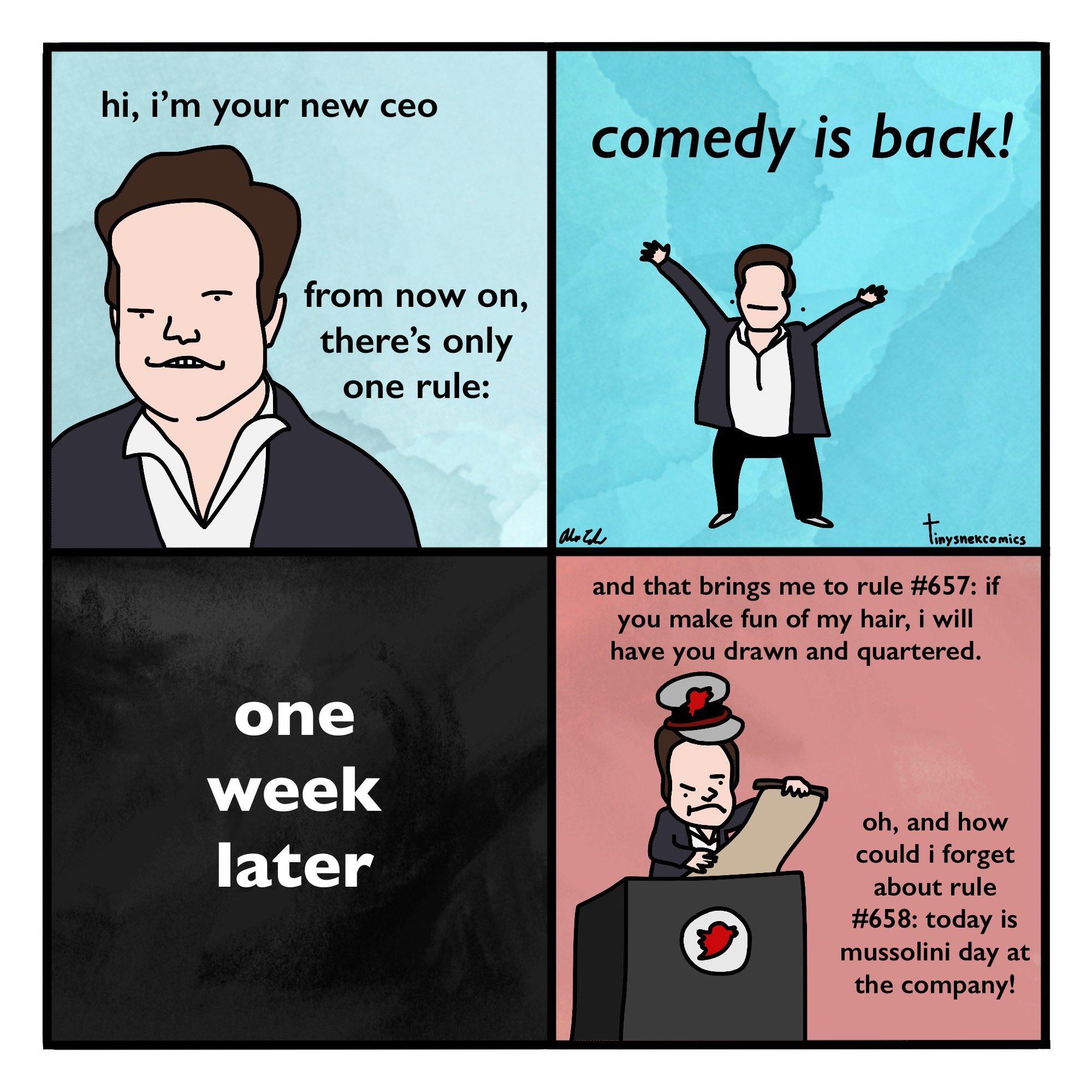 hi im your new ceo comedy is back from now on theres only one rule and that brings me o rule 657 i you make fun of my hair i will have you drawn and quarcered