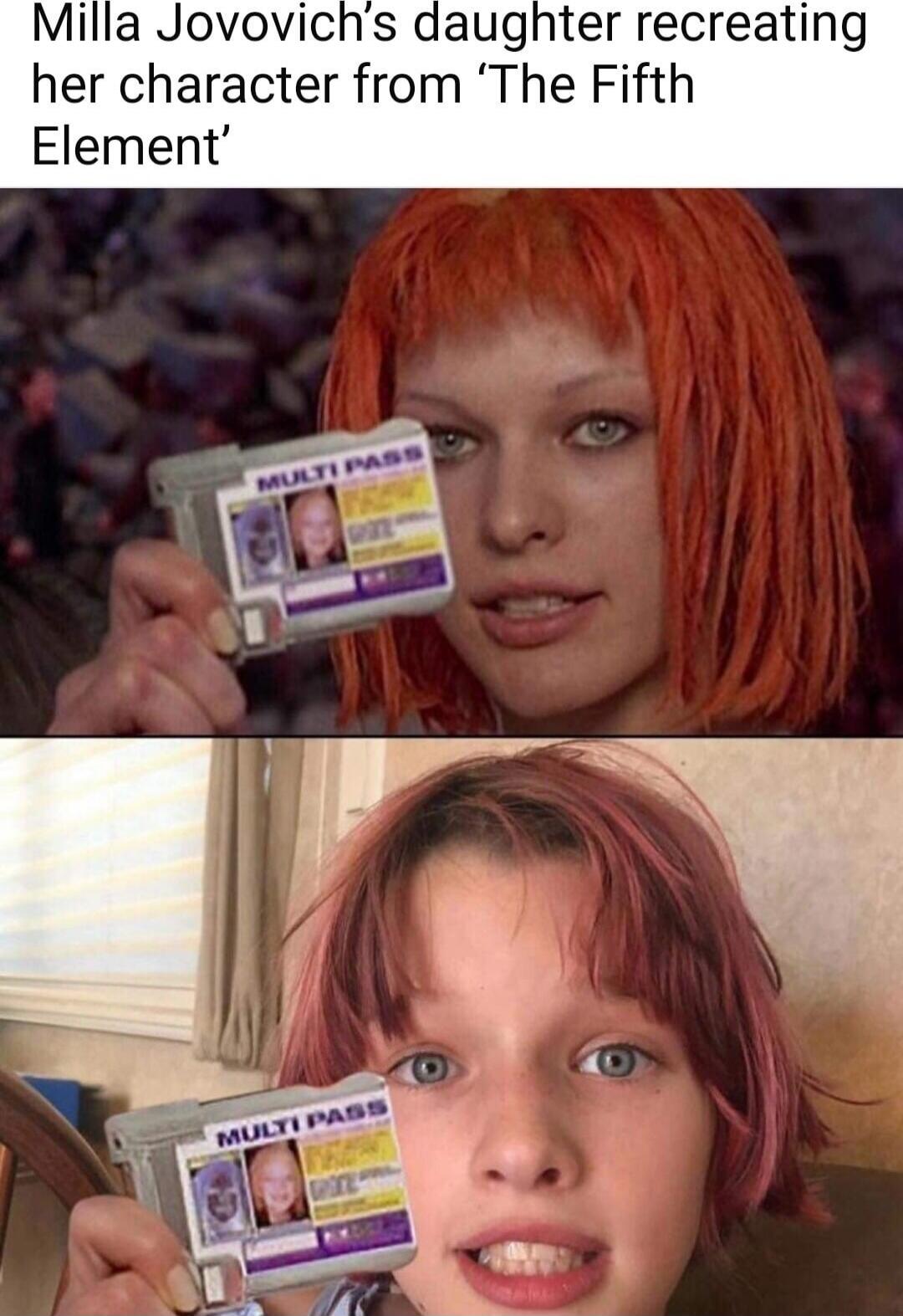Milla Jovovich's daughter recreating her character from 'The Fifth Element'. MULTI PASS.