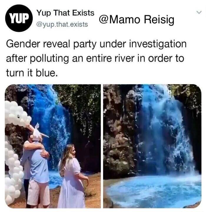 Yup That Exists o Gender reveal party under investigation after polluting an entire river in order to turn it blue