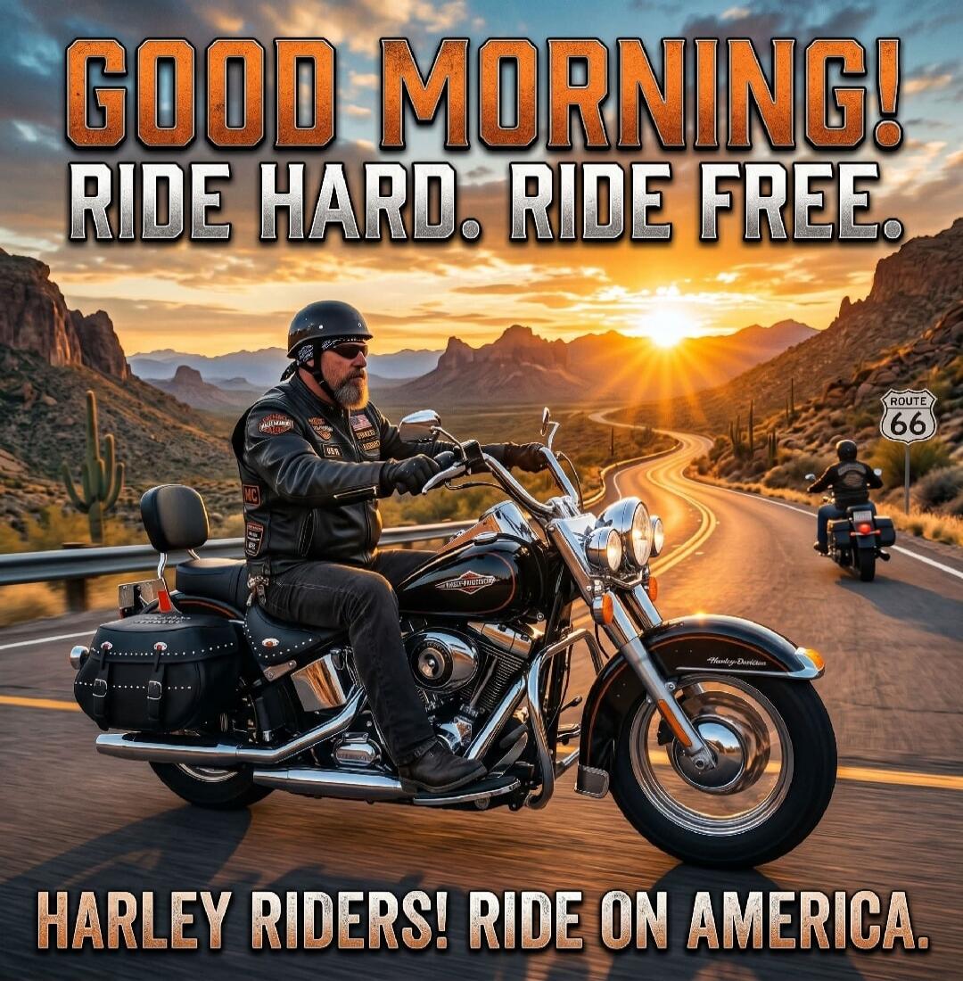 GOOD MORNING! RIDE HARD. RIDE FREE. HARLEY RIDERS! RIDE ON AMERICA. ROUTE 66