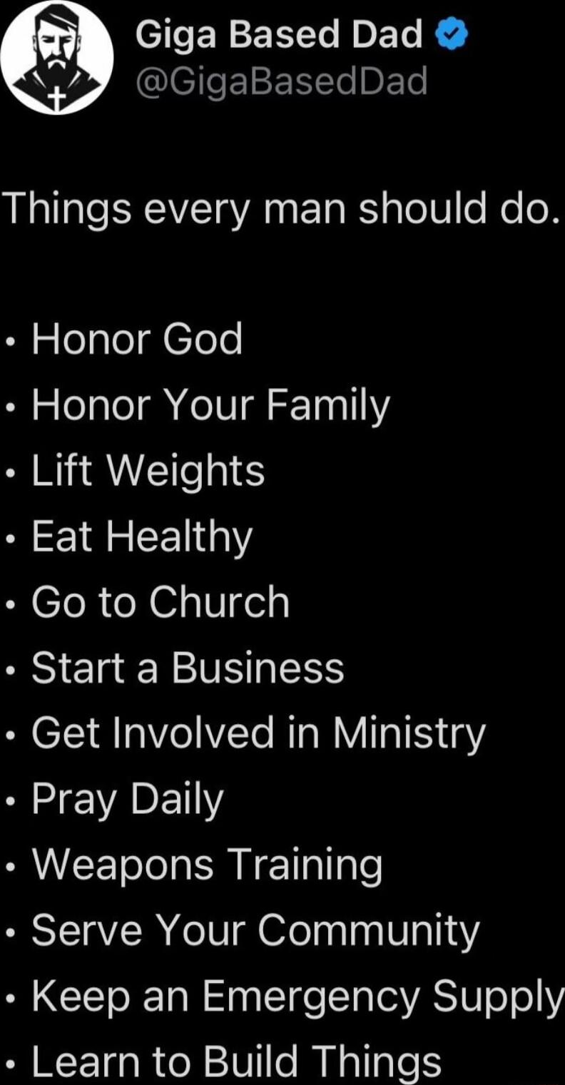 WEEER I E R QIEIeEISERle BETe L RV s A ETa B ale0 e o Honor God Honor Your Family Lift Weights Eat Healthy Go to Church BSIE RTINS Get Involved in Ministry Pray Daily Weapons Training Serve Your Community Keep an Emergency Supply Learn to Build Things