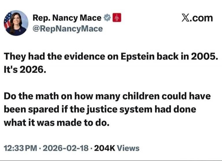 They had the evidence on Epstein back in 2005. It's 2026.

Do the math on how many children could have been spared if the justice system had done what it was made to do.