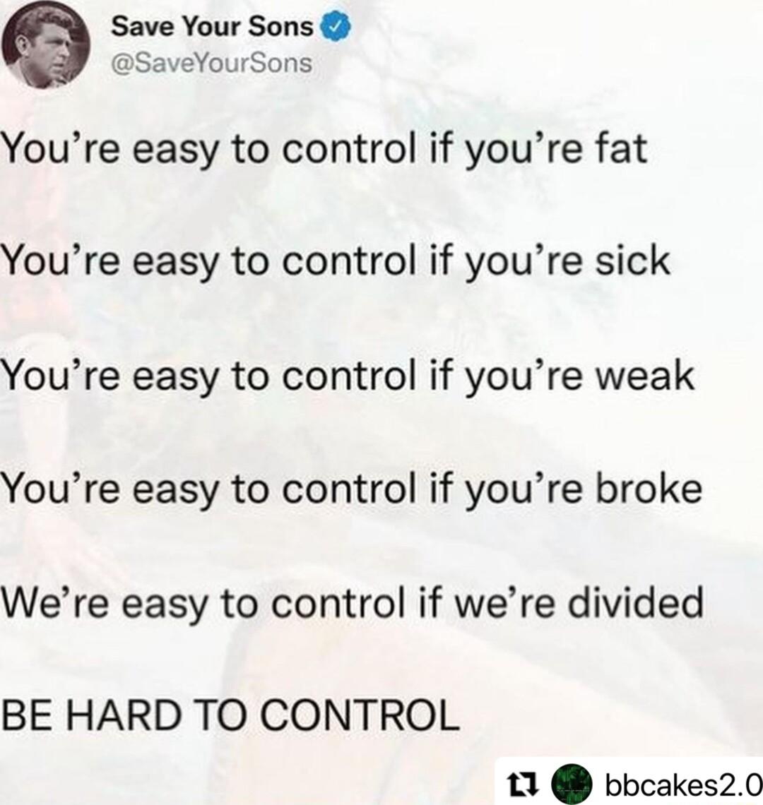 we Your Sons aveYourSons Youre easy to control if youre fat Youre easy to control if youre sick Youre easy to control if youre weak Youre easy to control if youre broke Were easy to control if were divided BE HARD TO CONTROL 11 bbcakes20