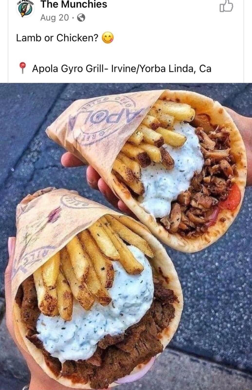 Lamb or Chicken Apola Gyro Grill IrvineYorba Linda Ca