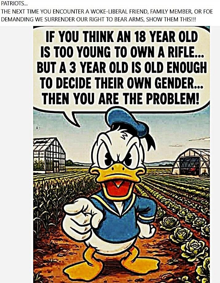 PATRIOTS...
THE NEXT TIME YOU ENCOUNTER A WOKE-LIBERAL FRIEND, FAMILY MEMBER, OR FOE DEMANDING WE SURRENDER OUR RIGHT TO BEAR ARMS, SHOW THEM THIS!!!
IF YOU THINK AN 18 YEAR OLD IS TOO YOUNG TO OWN A RIFLE... BUT A 3 YEAR OLD IS OLD ENOUGH TO DECIDE THEIR OWN GENDER... THEN YOU ARE THE PROBLEM!