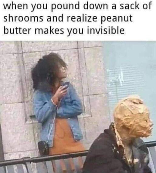 when you pound down a sack of shrooms and realize peanut butter makes you invisible