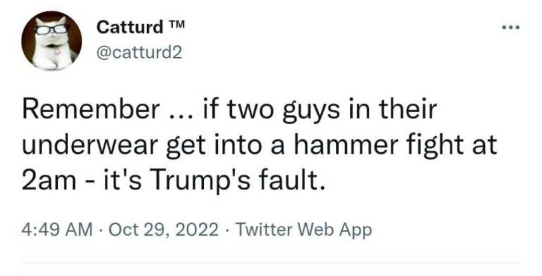 Catturd catturd2 Remember if two guys in their underwear get into a hammer fight at 2am its Trumps fault 449 AM Oct 29 2022 Twitter Web App 1618 Ly JI56 Yrsave Share