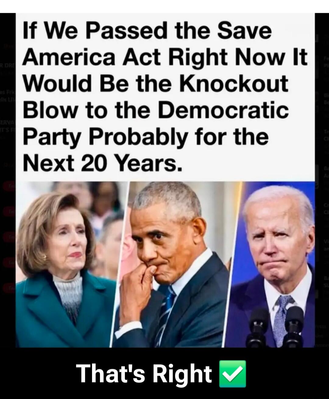 If We Passed the Save America Act Right Now It Would Be the Knockout Blow to the Democratic Party Probably for the Next 20 Years. That's Right ✅
