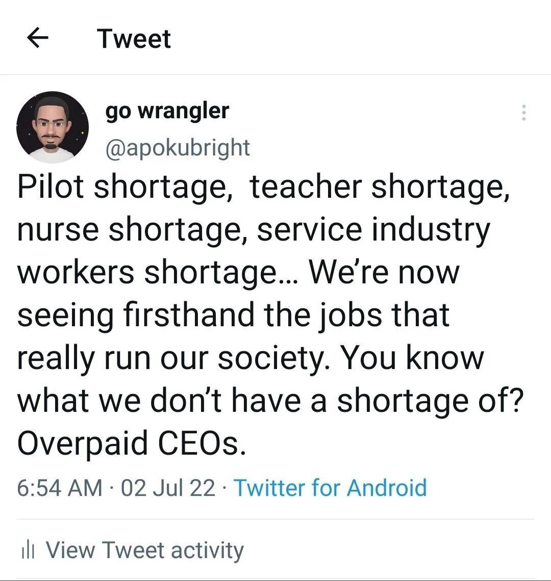 Tweet a go wrangler apokubright Pilot shortage teacher shortage nurse shortage service industry workers shortage Were now seeing firsthand the jobs that really run our society You know what we dont have a shortage of Overpaid CEOs 654 AM 02 Jul 22 Twitter for Android il View Tweet activity