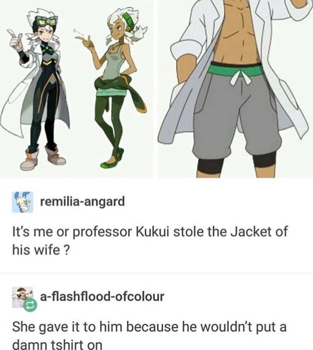 remilia angard Its me or professor Kukui stole the Jacket of his wife a flashflood ofcolour She gave it to him because he wouldnt put a damn tshirt on