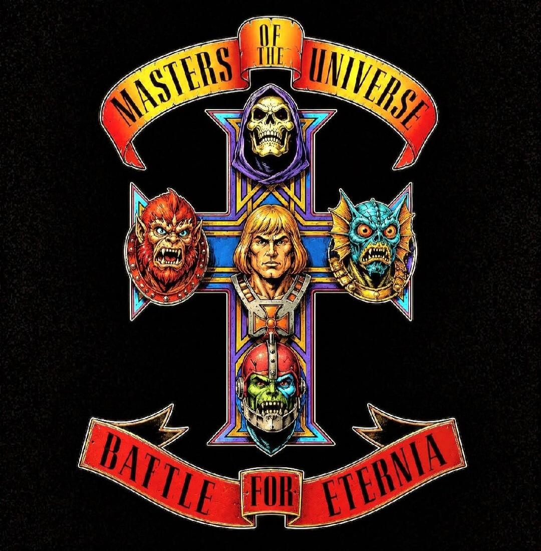 MASTERS OF THE UNIVERSE BATTLE FOR ETERNIA. An illustration featuring characters from the Masters of the Universe franchise arranged in a cross-like emblem. Characters include Skeletor, He-Man, Beast Man, Mer-Man, and another character with a helmet, possibly Trap Jaw. The text 'MASTERS OF THE UNIVERSE' is on a banner above, and 'BATTLE FOR ETERNIA