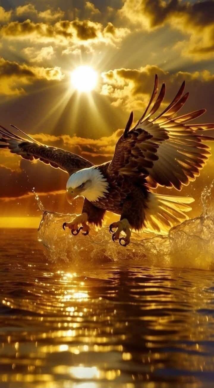 A bald eagle with wings spread diving toward the water at sunset.