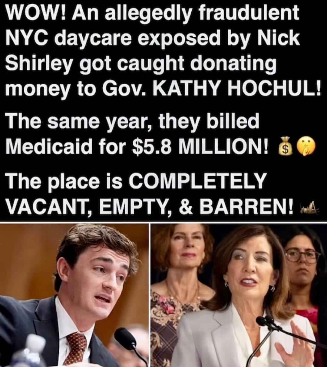 WOW! An allegedly fraudulent NYC daycare exposed by Nick Shirley got caught donating money to Gov. KATHY HOCHUL! The same year, they billed Medicaid for $5.8 MILLION! 💰 The place is COMPLETELY VACANT, EMPTY, & BARREN! 🦗