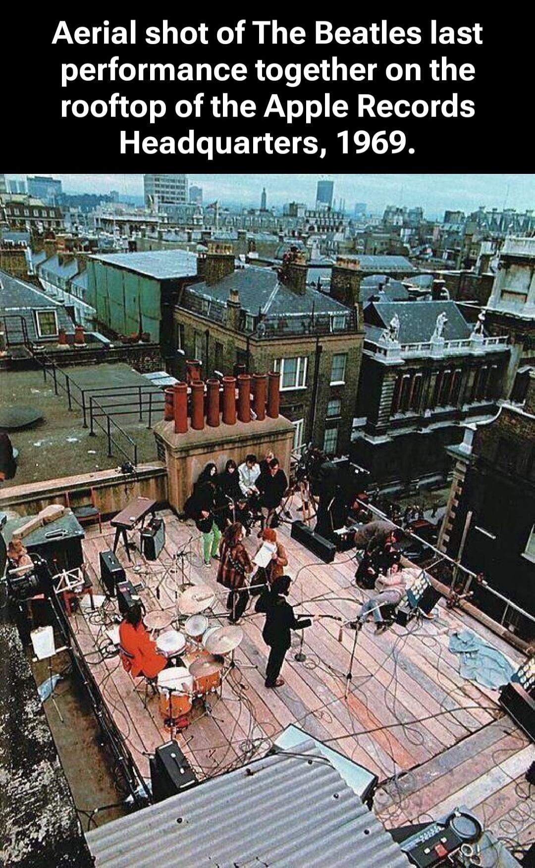 Aerial shot of The Beatles last performance together on the rooftop of the Apple Records Headquarters, 1969.