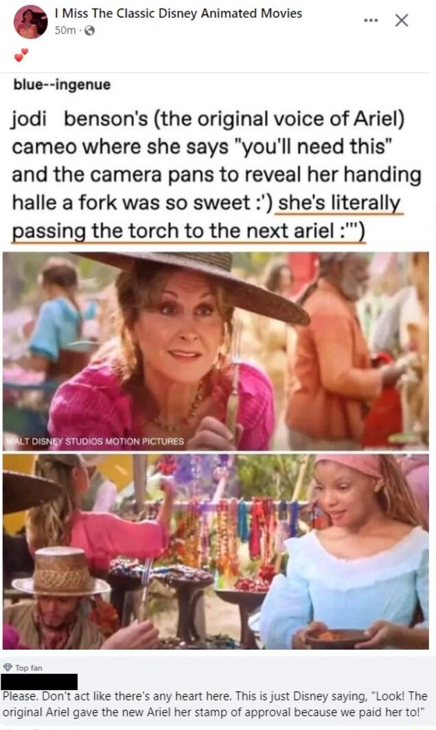 8 I Miss The Classic Disney Animated Movies som blue ingenue jodi bensons the original voice of Ariel cameo where she says youll need this and the camera pans to reveal her handing halle a fork was so sweet shes literally passing the torch to the next ariel 1o5 1 Please Dont act like theres any heart here This i just Disney saying Look The original Ariel gave the new Atiel her stamp of approval be
