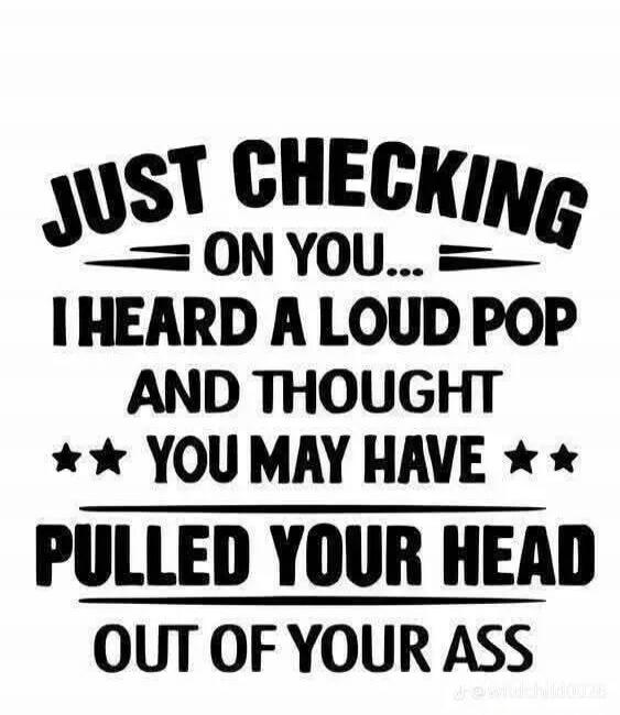 JUST CHECKING ON YOU... I HEARD A LOUD POP AND THOUGHT YOU MAY HAVE PULLED YOUR HEAD OUT OF YOUR ASS