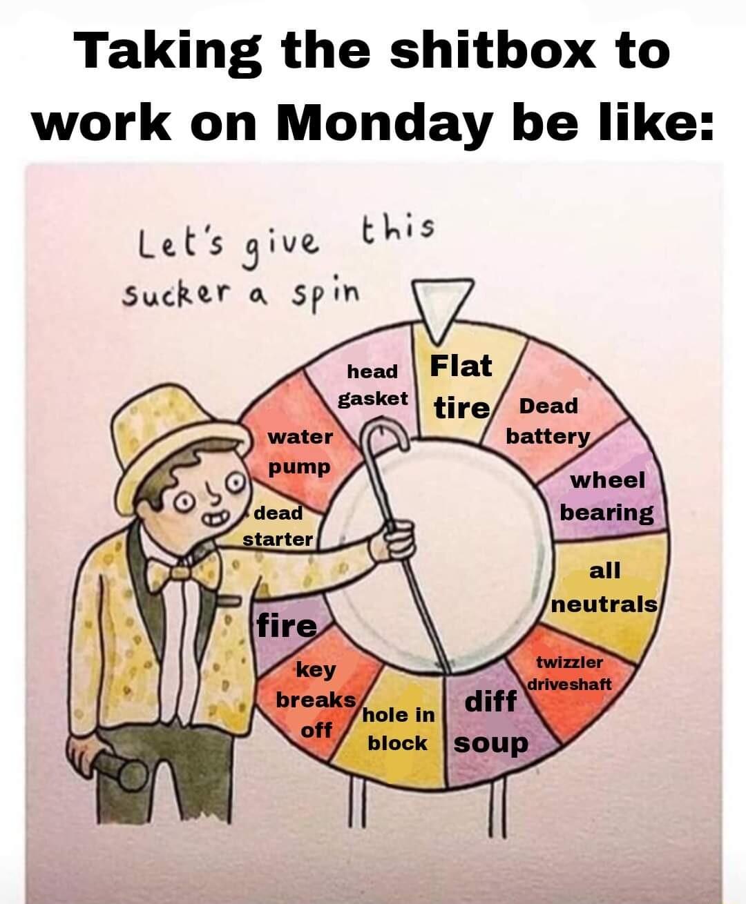 Taking the shitbox to work on Monday be like Lets give this Sucker a spin