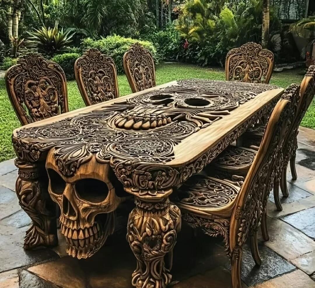 A carved wooden dining table with skull motifs and ornate detailing, accompanied by matching carved chairs, set outdoors in a garden area.