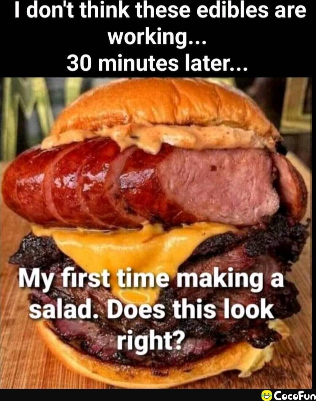 I don't think these edibles are working... 30 minutes later... My first time making a salad. Does this look right?