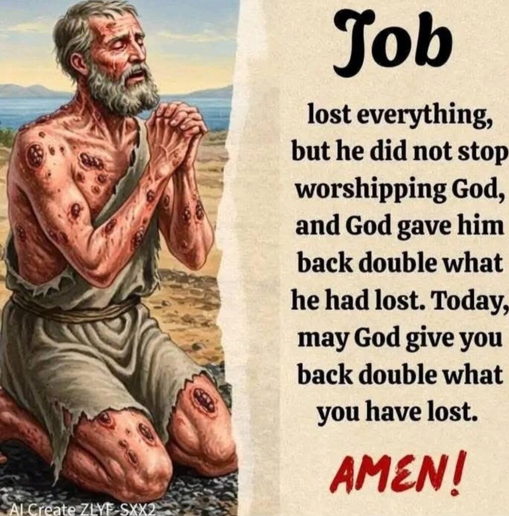 Job lost everything, but he did not stop worshiping God, and God gave him back double what he had lost. Today, may God give you back double what you have lost. AMEN!