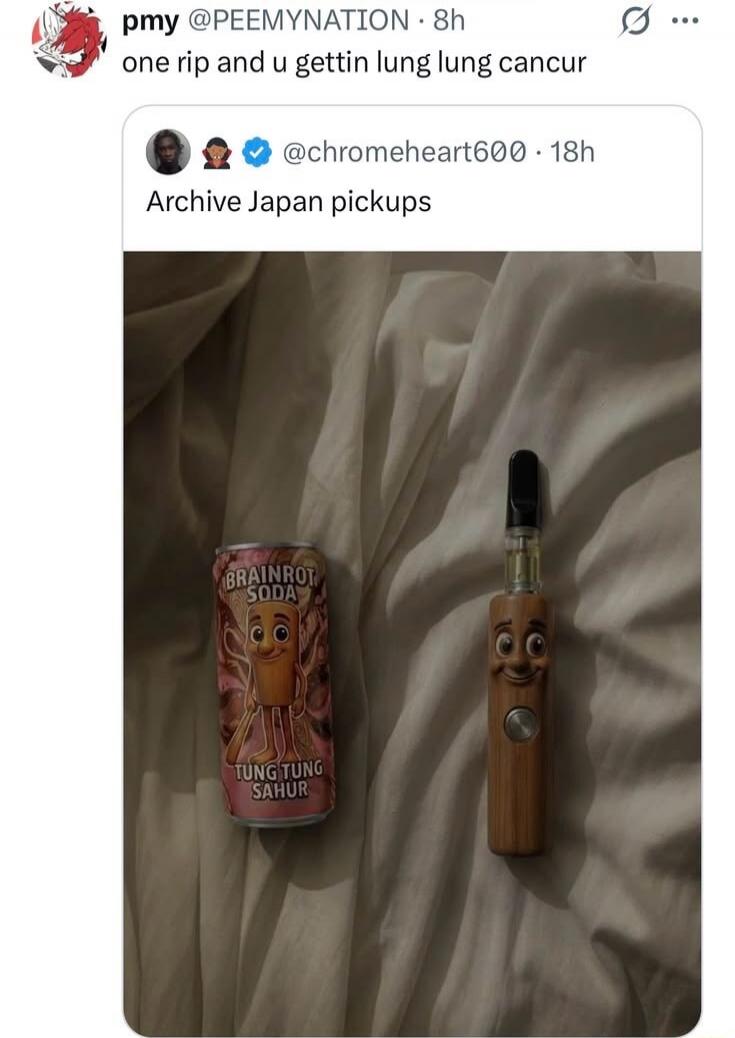 pmy @PEEMYNATION 8h one rip and u gettin lung lung cancur @chromeheart600 18h Archive Japan pickups BRAINROT SODA TUNG TUNG SAHUR