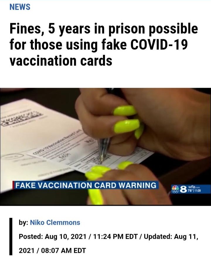 NEWS Fines 5 years in prison possible for those using fake COVID 19 vaccination cards FAKE VACCINATION CARD WARNING bt 2 by Niko Clemmons Posted Aug 10 2021 1124 PM EDT Updated Aug 11 2021 0807 AM EDT