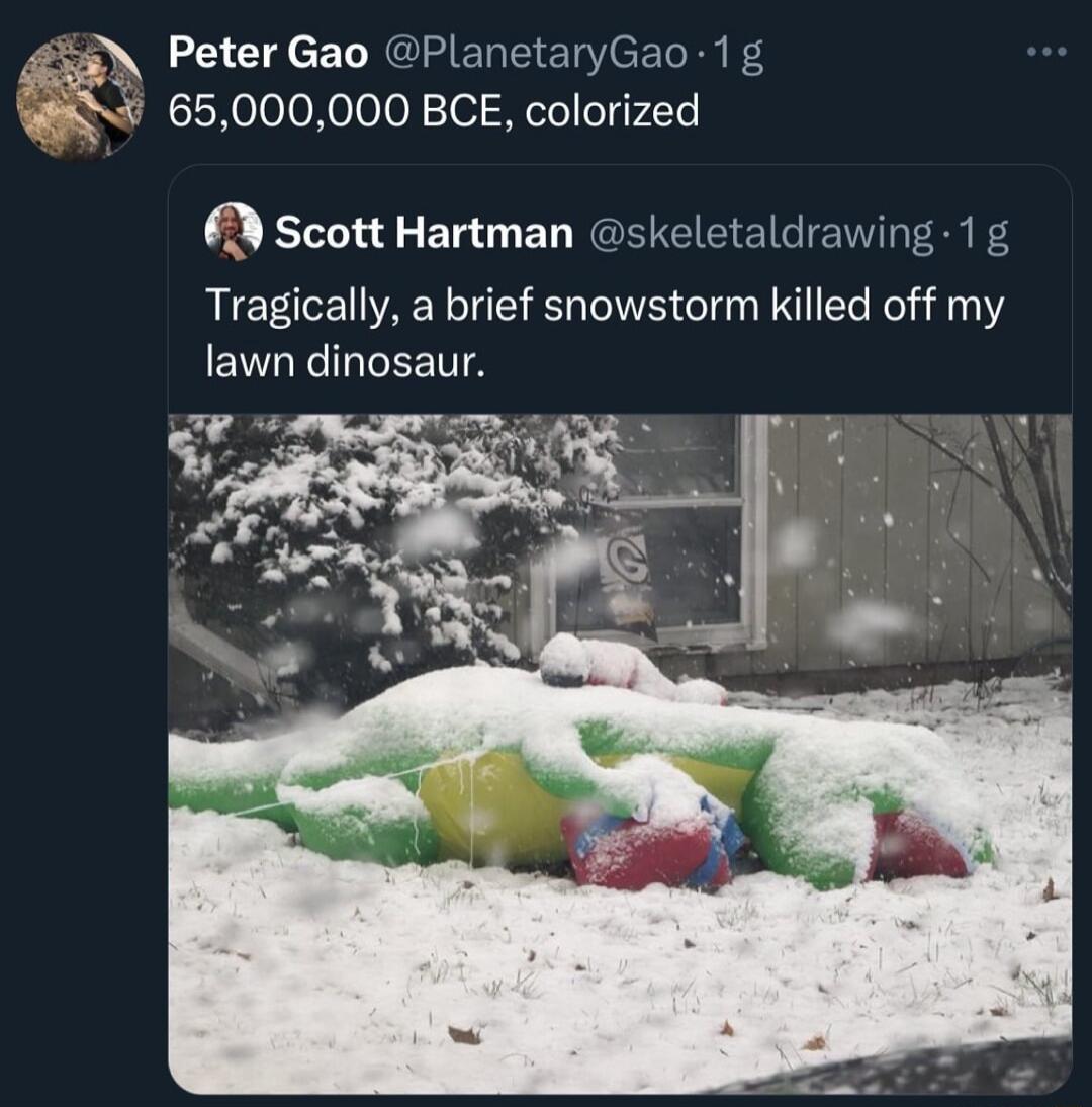 R Peter Gao PlanetaryGao 1 A 65000000 BCE colorized Q Scott Hartman skeletaldrawing 1g Tragically a brief snowstorm killed off my lawn dinosaur