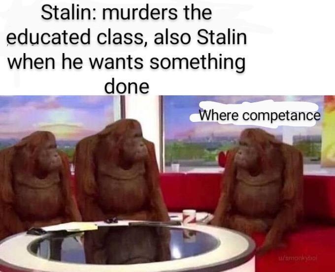 Stalin murders the educated class also Stalin when he wants something done Where competance