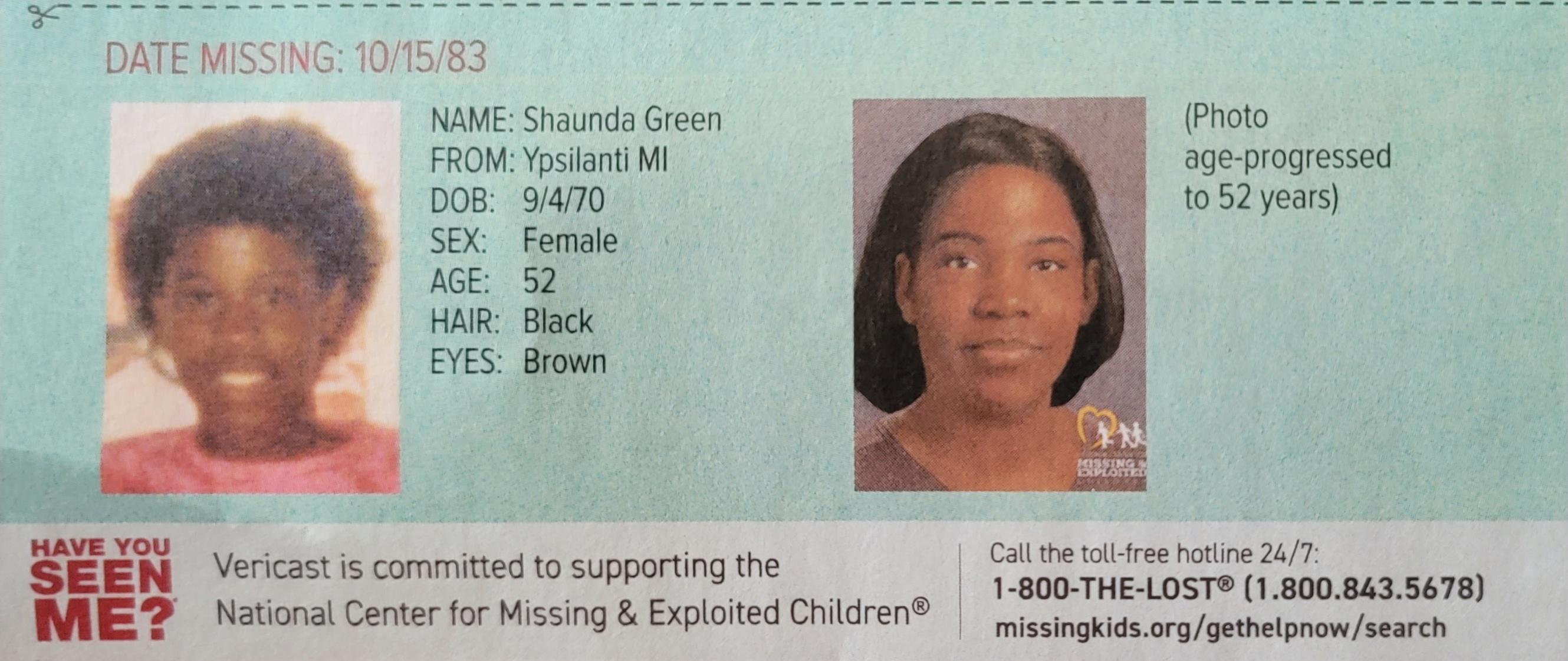 NAVE Saunda Green FRON sk 008 9470 s Femde A 52 R Bk 1ES Bown Veriastis commied 0 supparting he National Cente or Mssing Exlated Children w0 ane rogressed 1052 ear 1 800 THE LOSTS 18008435678 sk pstetpmntaith