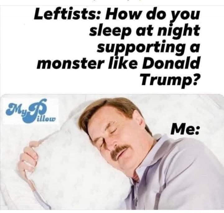 Leftists: How do you sleep at night supporting a monster like Donald Trump? My Pillow Me: