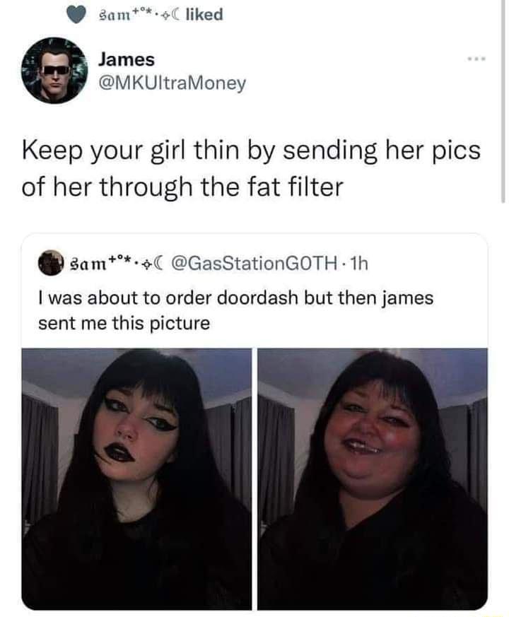 sam o liked James MKUItraMoney Keep your girl thin by sending her pics of her through the fat filter sam C GasStationGOTH h was about to order doordash but then james sent me this picture