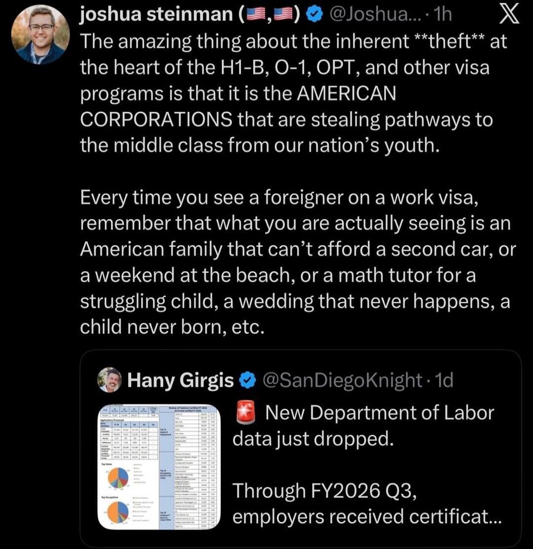 The amazing thing about the inherent theft at the heart of the H1-B, O-1, OPT, and other visa programs is that it is the AMERICAN CORPORATIONS that are stealing pathways to the middle class from our nation's youth. Every time you see a foreigner on a work visa, remember that what you are actually seeing is an American family that can't afford a sec