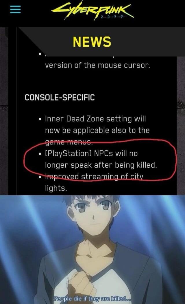 I NEWS version of the mouse cursor CONSOLE SPECIFIC Inner Dead Zone setting will now be applicable also to the PlayStation NPCs will no longer speak after being killed apraved streamingof ci