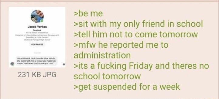 231 KB JPG 110922Wed070021 No70918309 be me sit with my only friend in school tell him not to come tomorrow mfw he reported me to administration its a fucking Friday and theres no school tomorrow get suspended for a week