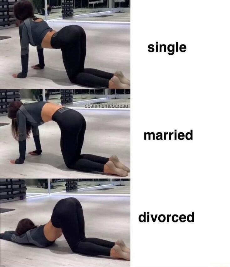 single married divorced. A woman in three different yoga or stretching poses, humorously depicting relationship statuses.