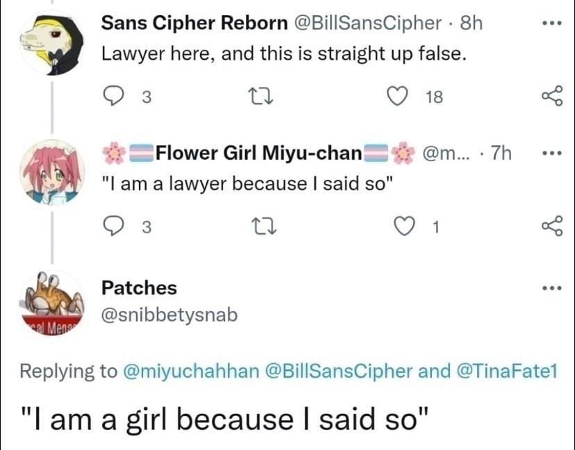 Sans Cipher Reborn BillSansCipher 8h Lawyer here and this s straight up false Qs n Q Iam a lawyer because said so 4 Flower Girl Miyu chan m 7h Q3 Q1 Patches snibbetysnab Replying to miyuchahhan BillSansCipher and TinaFatet l am a girl because said so 454 AM Oct 7 2021 Twitter Web App