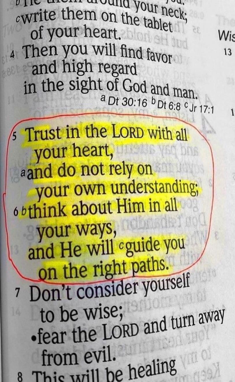 Trust in the LORD with all your heart, and do not rely on your own understanding; think about Him in all your ways, and He will guide you on the right paths.