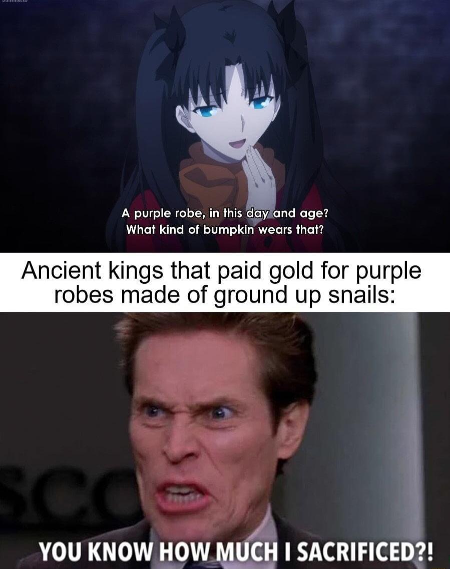 A purple robe in Ihis dayland age What kind of bumpkin wears that Ancient kings that paid gold for purple robes made of ground up snails YOU KNOW y_gwm 1 SACRIFICED2