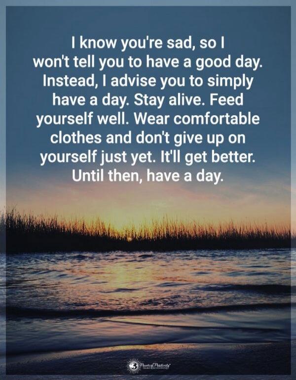 I know you're sad, so I won't tell you to have a good day. Instead, I advise you to simply have a day. Stay alive. Feed yourself well. Wear comfortable clothes and don't give up on yourself just yet. It'll get better. Until then, have a day.