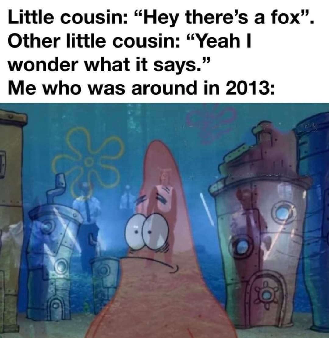 Little cousin Hey theres a fox Other little cousin Yeah wonder what it says Me who was around in 2013