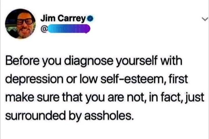 Jim Carrey v Y Before you diagnose yourself with depression or low self esteem first make sure that you are not in fact just surrounded by assholes