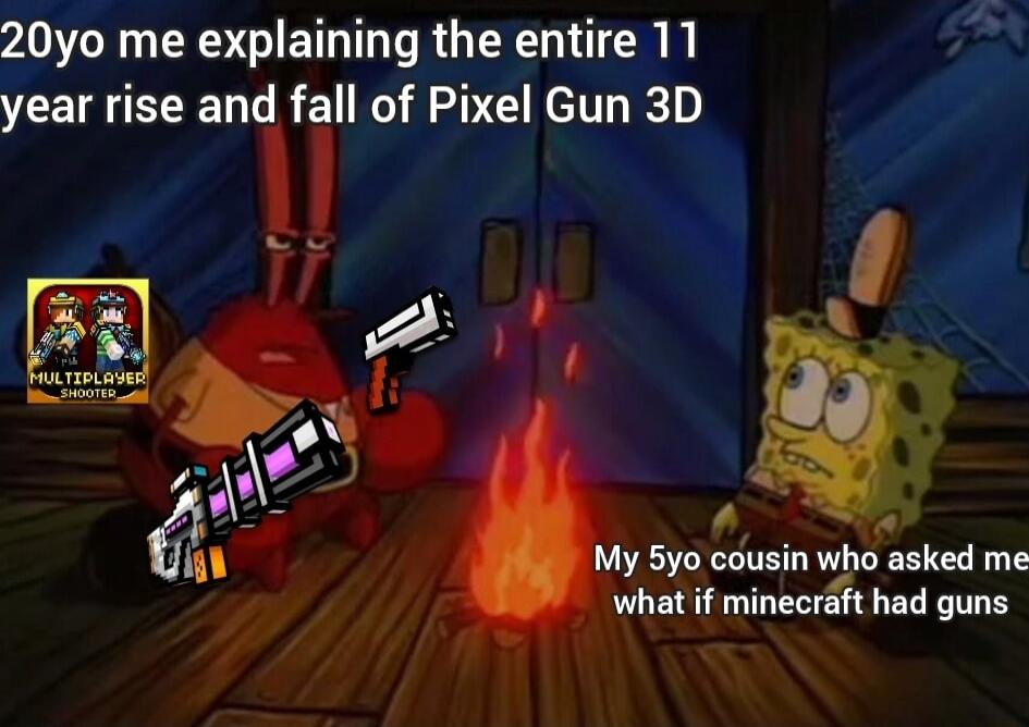 20yo me explaining the entire 11 year rise and fall of Pixel Gun 3D p y 5y cousin who asked me what if minecraft had guns