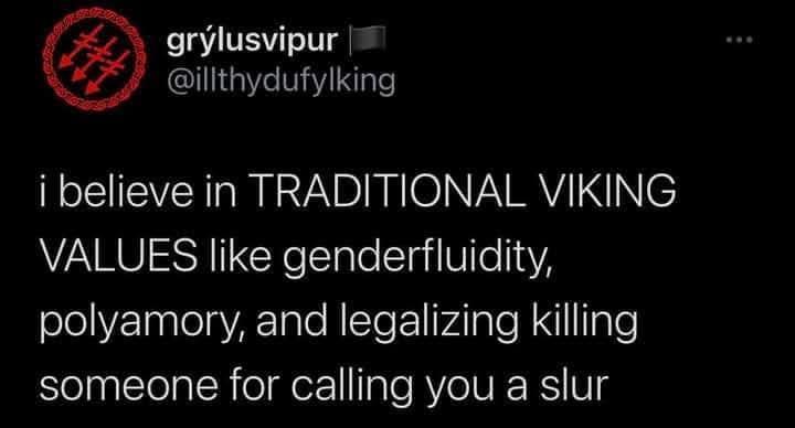 grylusvipur illthydufylking i believe in TRADITIONAL VIKING VALUES like genderfluidity oleYzTaglelaVATale RITe l Iv4lple R Nl Tnle SelnlclelalRolger1IaleRYcIVE K V g